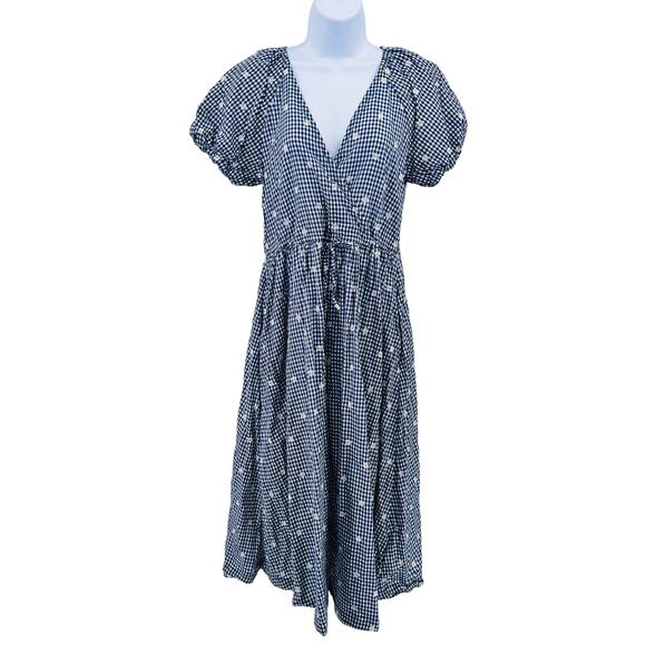 Madewell Blue White Faux Wrap Embroidered Gingham Check Midi Dress XXS Tie Waist - Picture 1 of 12